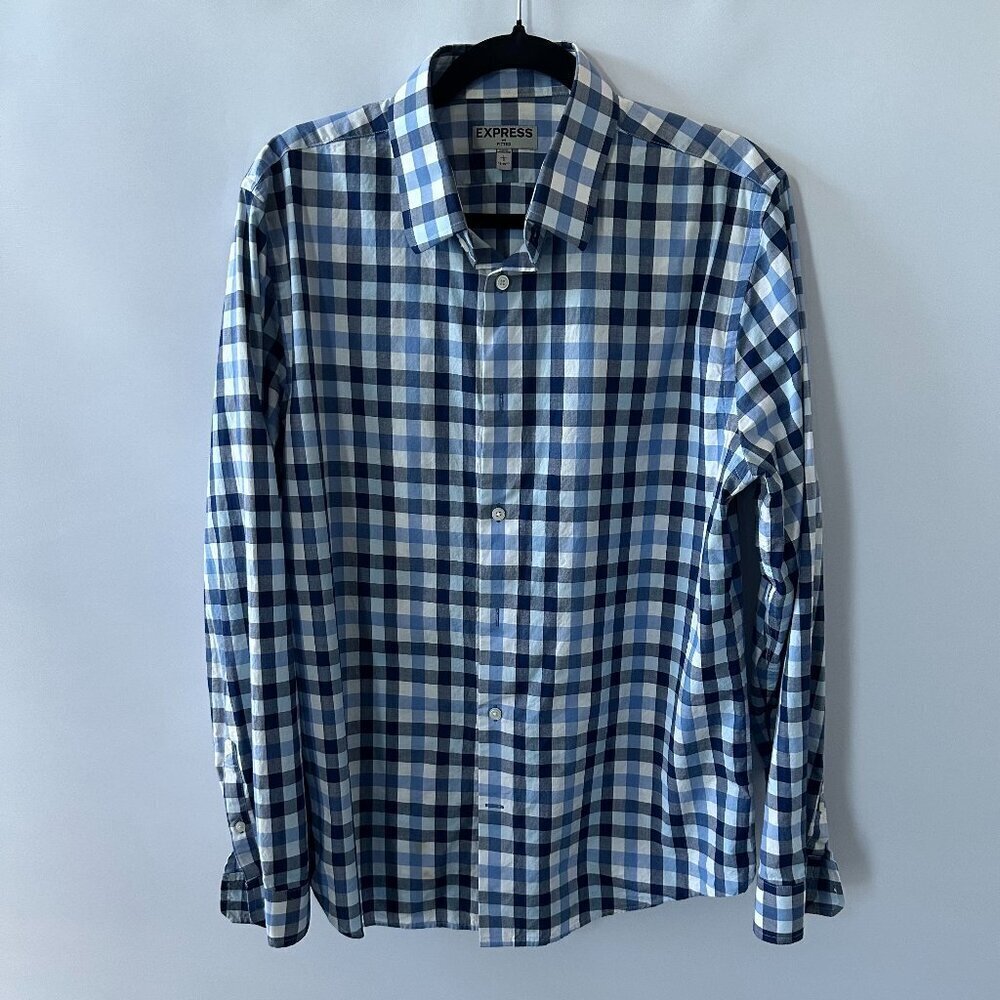 Express Blue & White Check Large 16-16.5 Fitted Men's Button Down Shirt